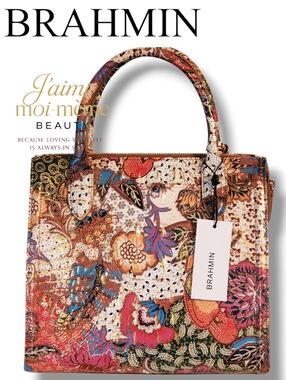 Brahmin Marketplace Melbourne Leather Tote Fruits Flowers Pattern W Metallic Det